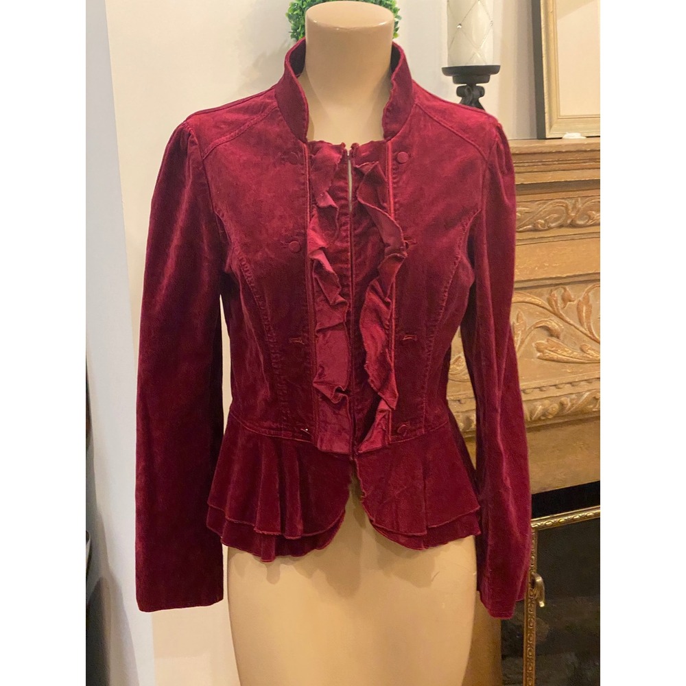White House Black Market Burgundy Velvet Peplum Ruffle Blazer Jacket Size 4